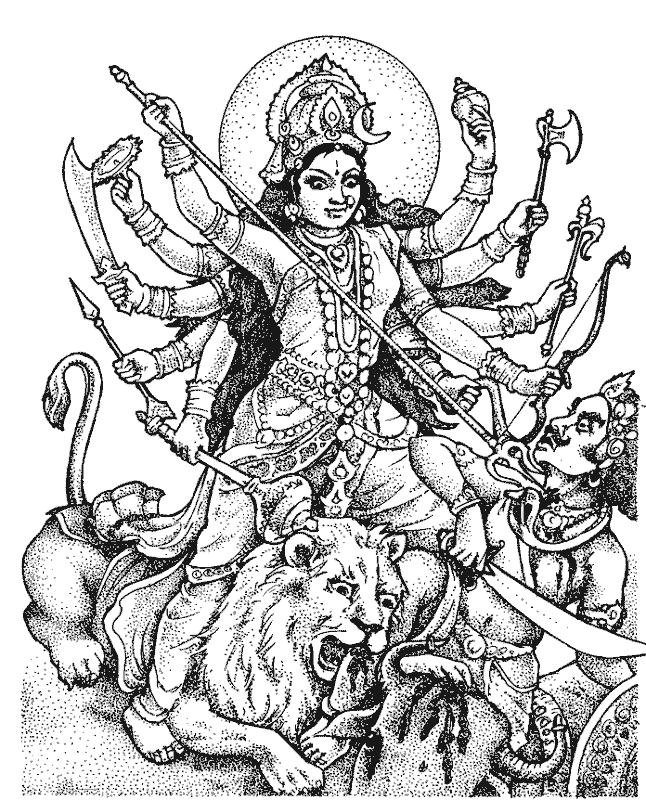 A black and white picture of the goddess Durga